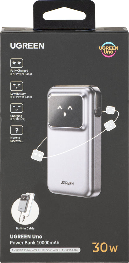 Zewnętrzna bateria UGREEN PB511 Uno, 10000mAh, 30W, QC + PD, 1 x USB-A - 2 x USB-C, Szara