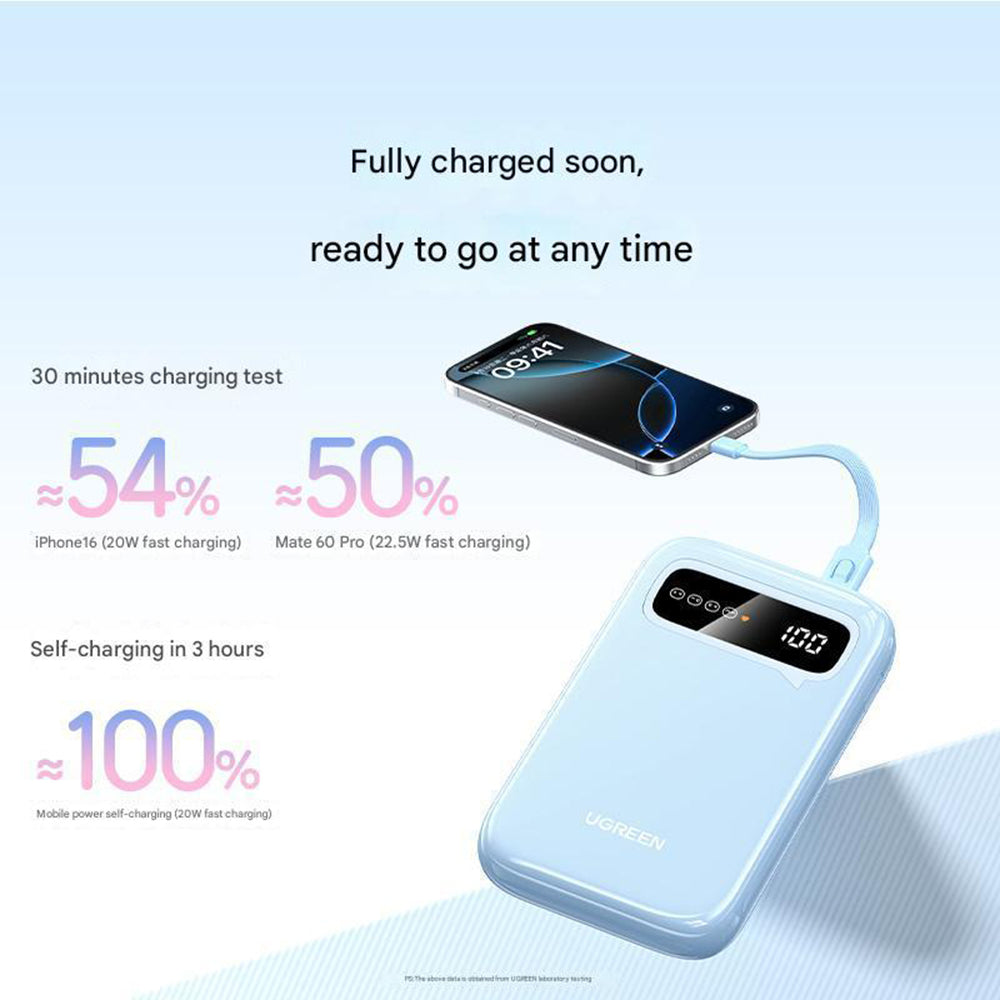 Zewnętrzna bateria UGREEN PB522, 10000mAh, 20W, QC + PD, 1 x USB-A - 1 x USB-C, Niebieska