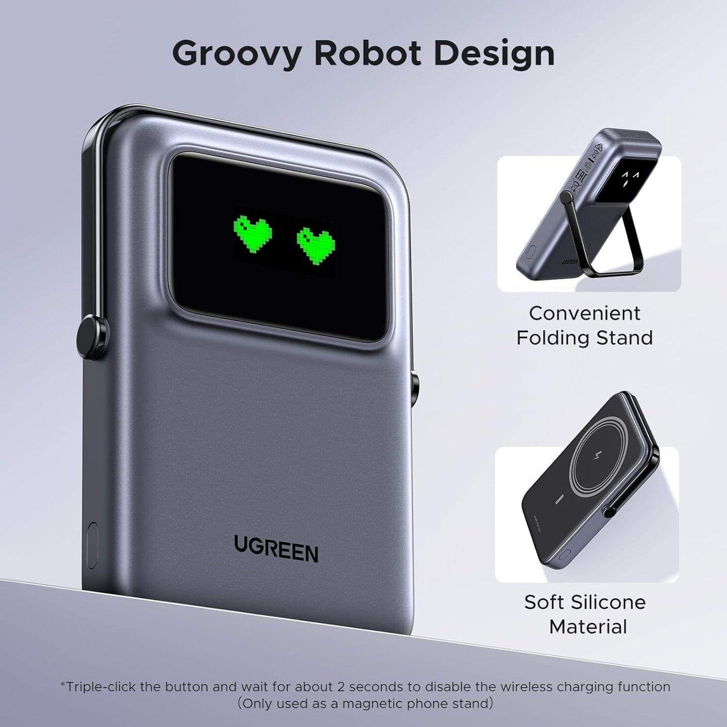 UGREEN PB572 Uno Wireless External Battery, 10000mAh, 20W, PD + FQI, 1 x QI - 1 x USB-C, Gray