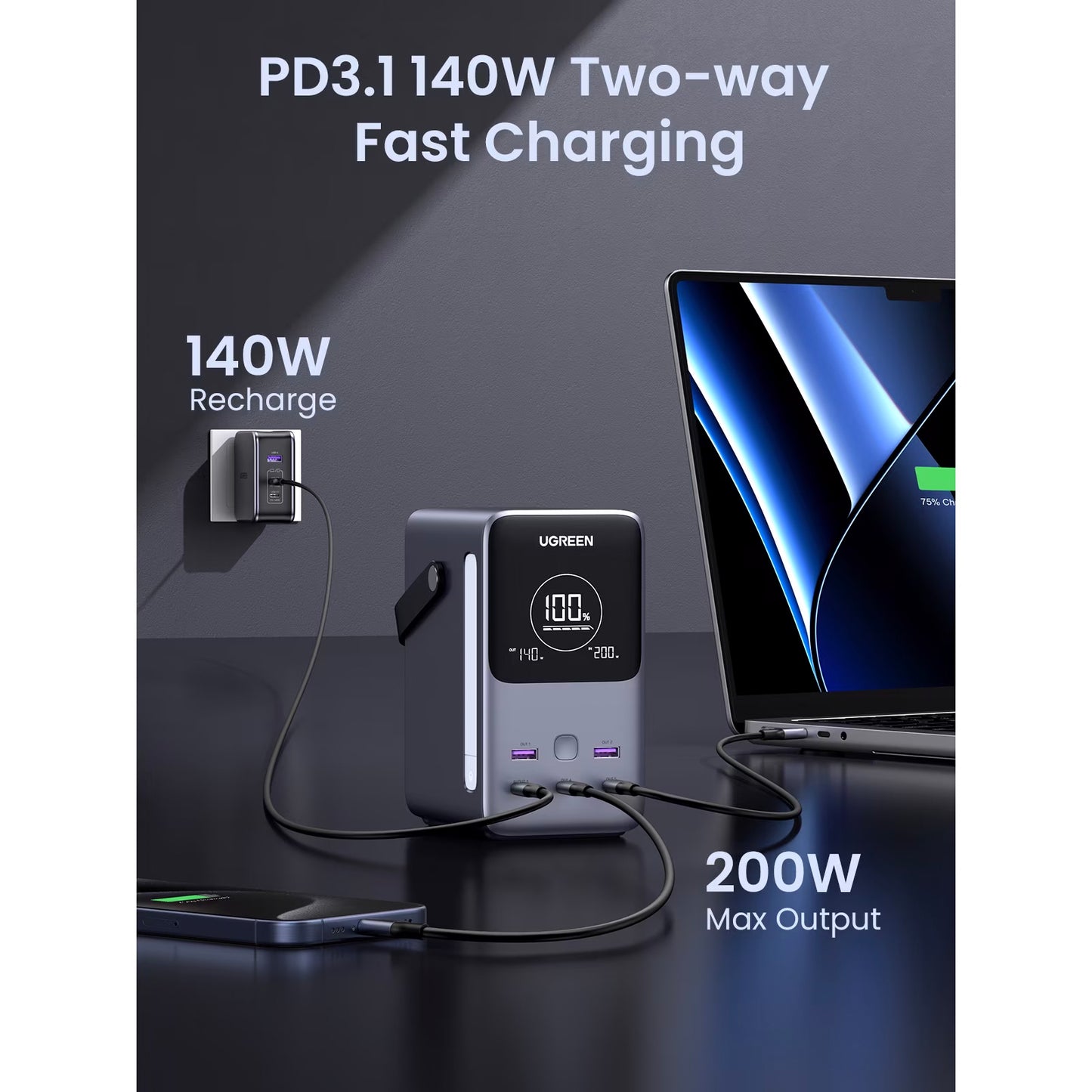 Baterie Externa UGREEN PB770, 48000mAh, 300W, QC + PD, 2 x USB-A - 3 x USB-C, Gri