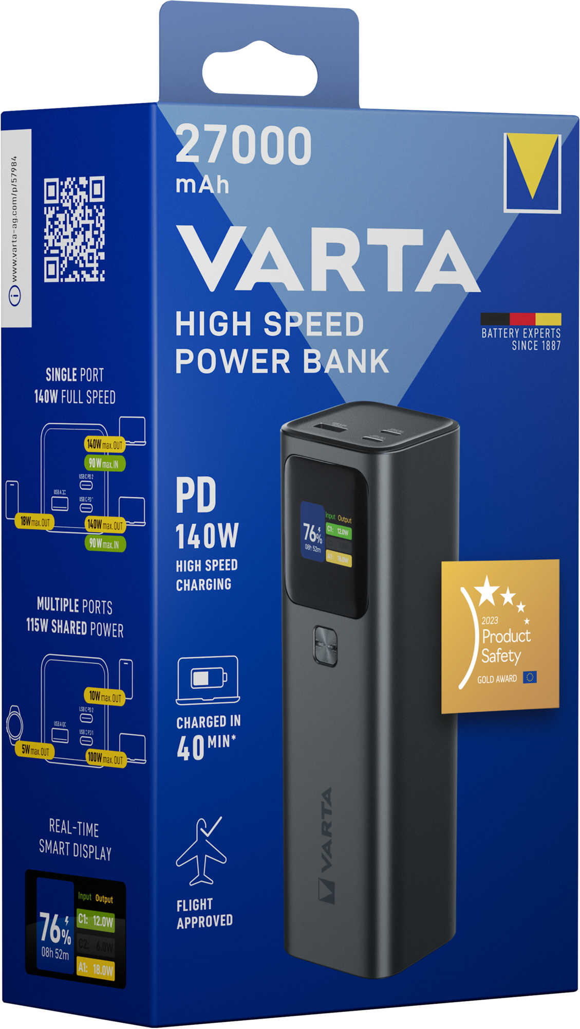 Varta High Speed External Battery, 27000mAh, 140W, QC + PD, 1 x USB-A - 2 x USB-C, Black