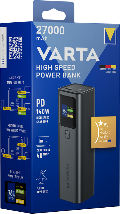 Varta High Speed External Battery, 27000mAh, 140W, QC + PD, 1 x USB-A - 2 x USB-C, Black