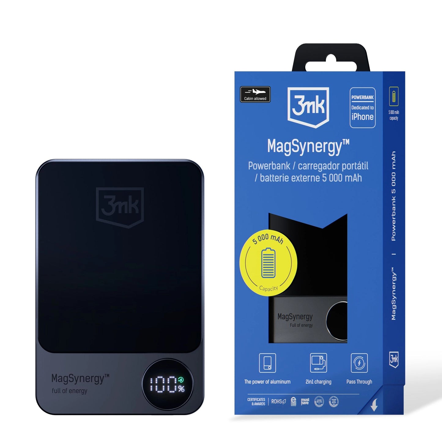 Bezprzewodowa bateria zewnętrzna 3MK MagSynergy, 5000 mAh, 18 W, PD + FQI, 1 x QI - 1 x USB-C, czarna