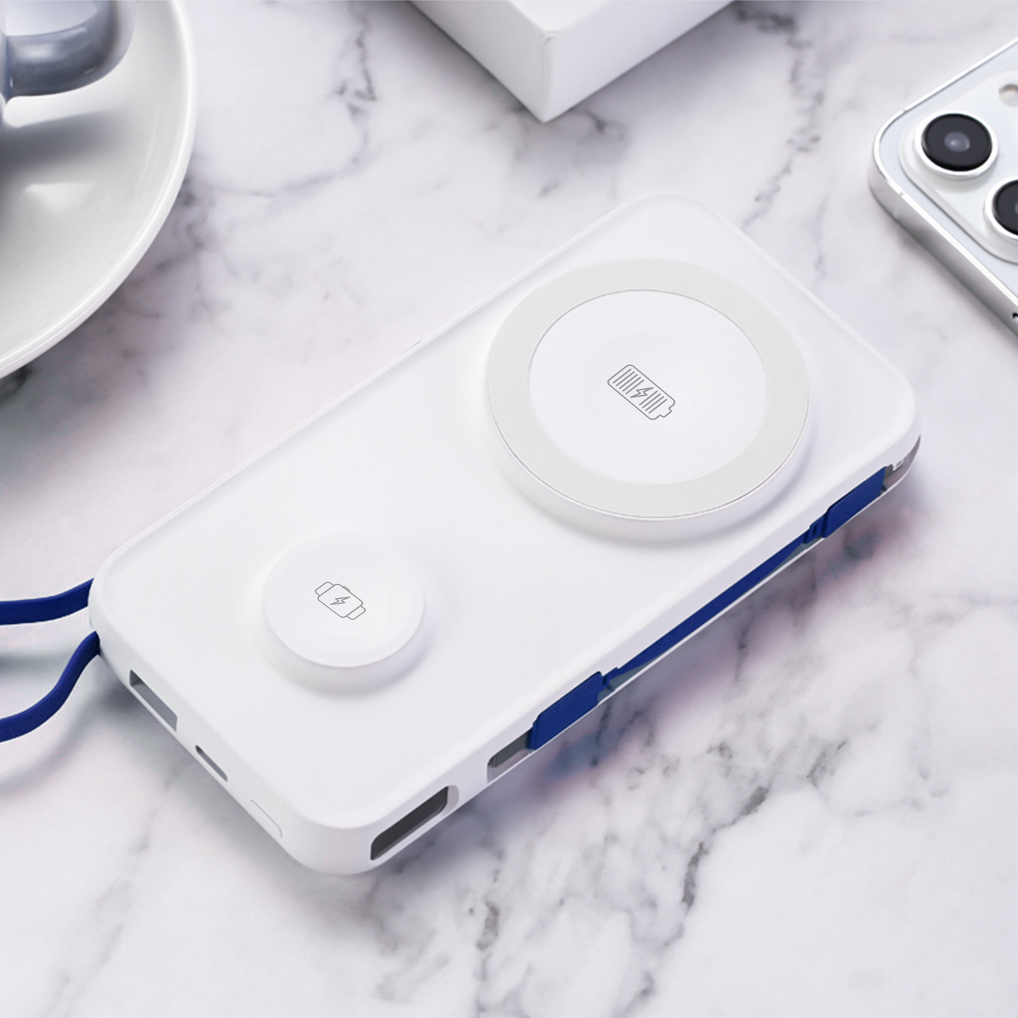 Zewnętrzna bateria bezprzewodowa 3MK PastelUp, 10000mAh, 22.5W, QC + PD + FQI, 1 x USB-A - 1 x USB-C - 2 x QI, Biała