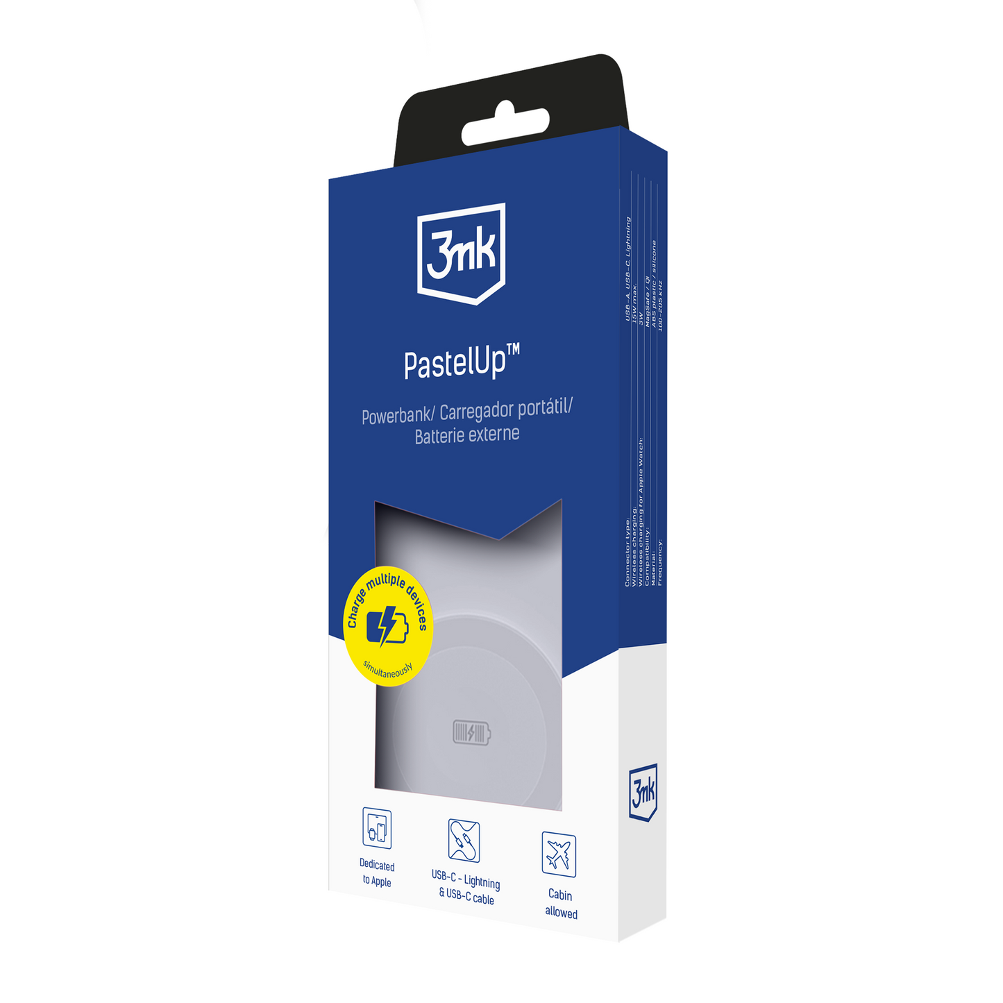 Zewnętrzna bateria bezprzewodowa 3MK PastelUp, 10000mAh, 22.5W, QC + PD + FQI, 1 x USB-A - 1 x USB-C - 2 x QI, Biała