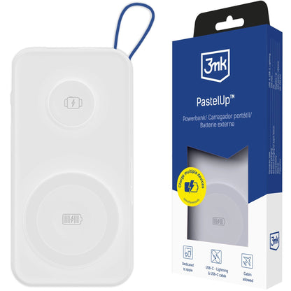 Zewnętrzna bateria bezprzewodowa 3MK PastelUp, 10000mAh, 22.5W, QC + PD + FQI, 1 x USB-A - 1 x USB-C - 2 x QI, Biała