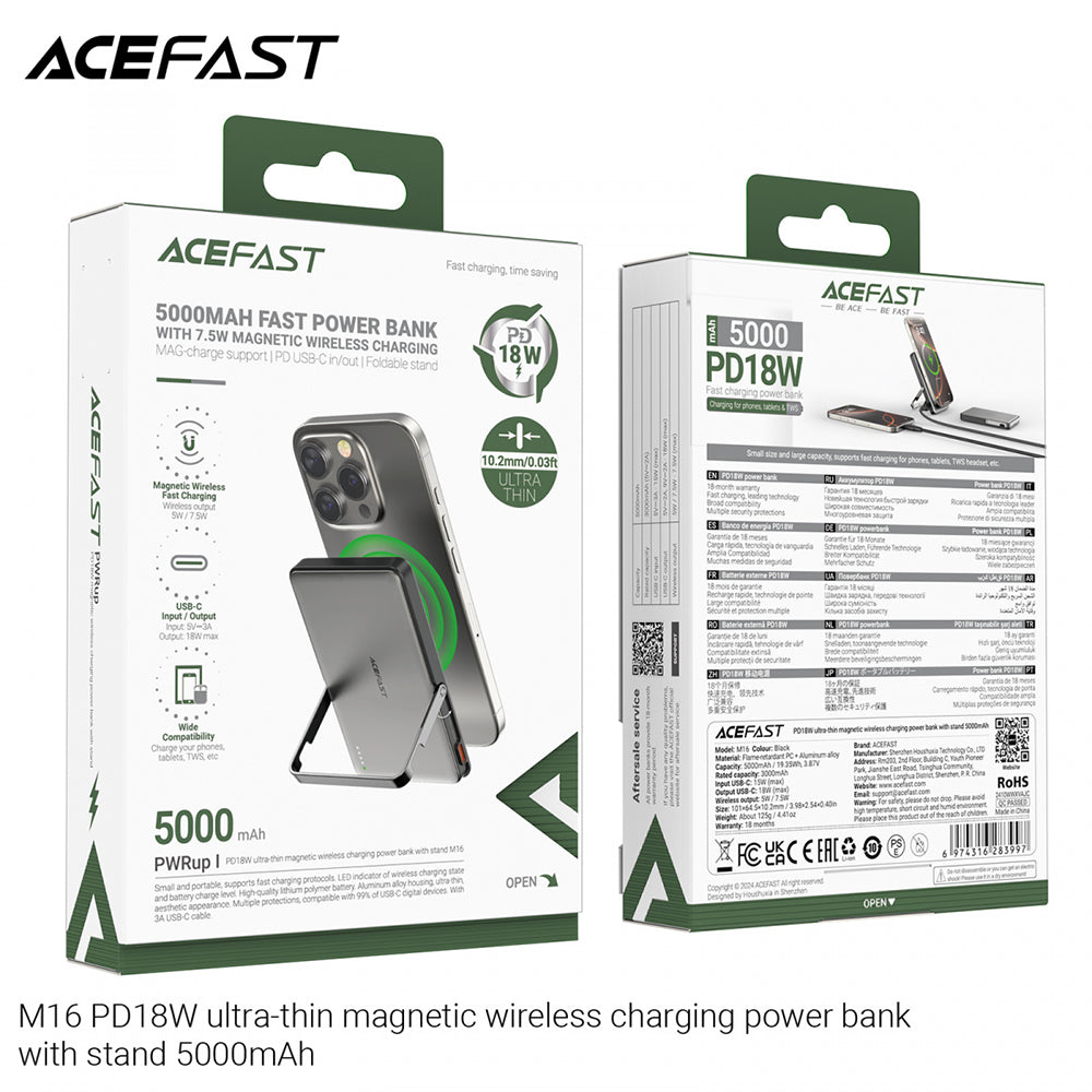Zewnętrzna bateria bezprzewodowa Acefast M16, 5000mAh, 18W, PD + FQI, 1 x QI - 1 x USB-C, Czarna