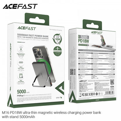 Zewnętrzna bateria bezprzewodowa Acefast M16, 5000mAh, 18W, PD + FQI, 1 x QI - 1 x USB-C, Czarna
