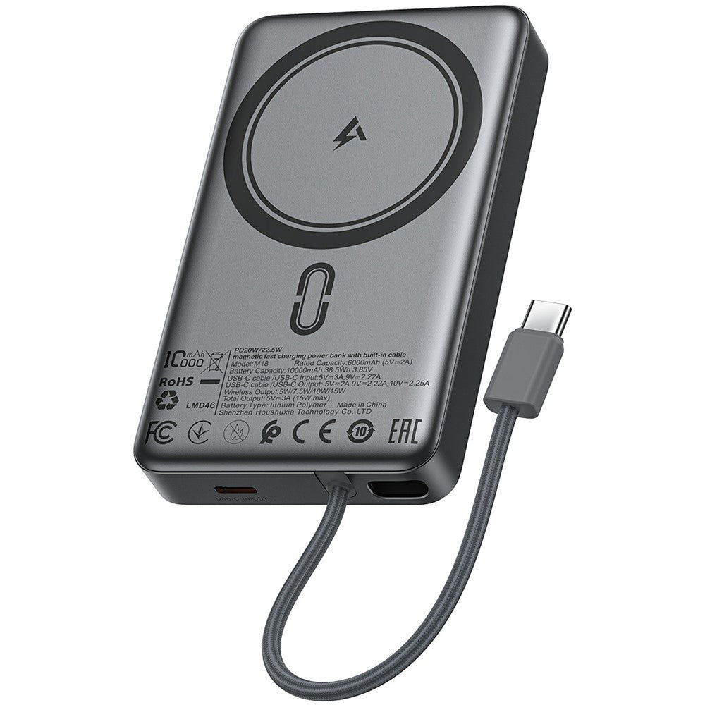 Zewnętrzna bateria bezprzewodowa Acefast M18, 10000mAh, 22.5W, PD + FQI, 1 x QI - 2 x USB-C, Czarna