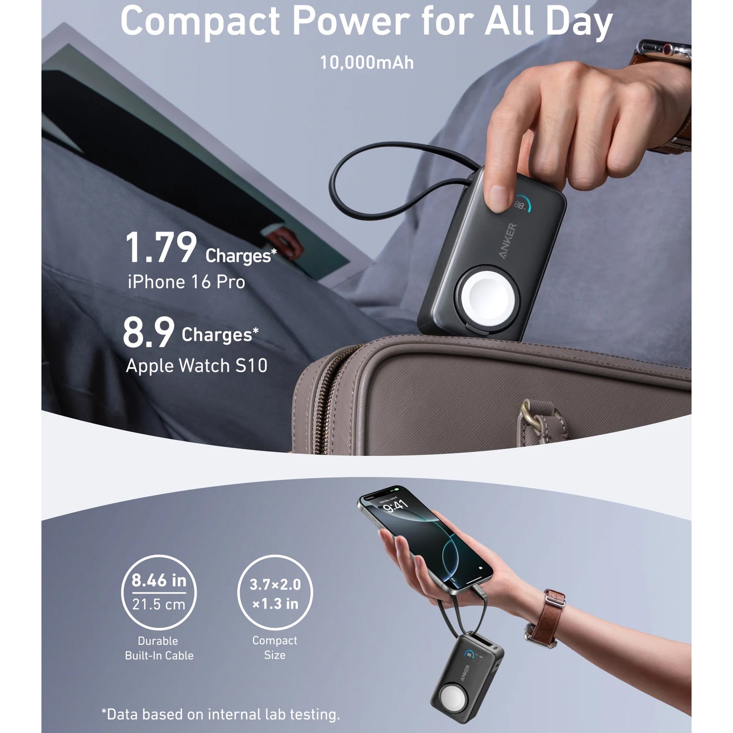 Zewnętrzna bateria bezprzewodowa Anker MagGo, 10000mAh, 35W, PD + QI, 1 x QI - 2 x USB-C, Czarna A1657H11