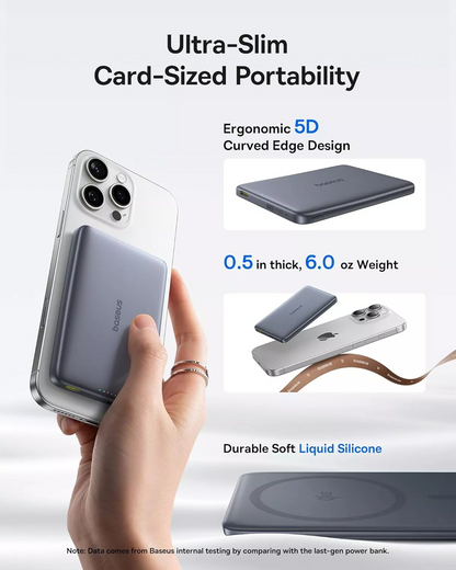 Zewnętrzna bateria bezprzewodowa Baseus PicoGo AM41, 10000mAh, 27W, PD + FQI, 1 x QI - 1 x USB-C, Szara E0027200