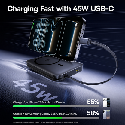 Baseus PicoGo AM61 Wireless External Battery, 10000mAh, 45W, PD + FQI, 1 x QI - 2 x USB-C, Black E0028V00