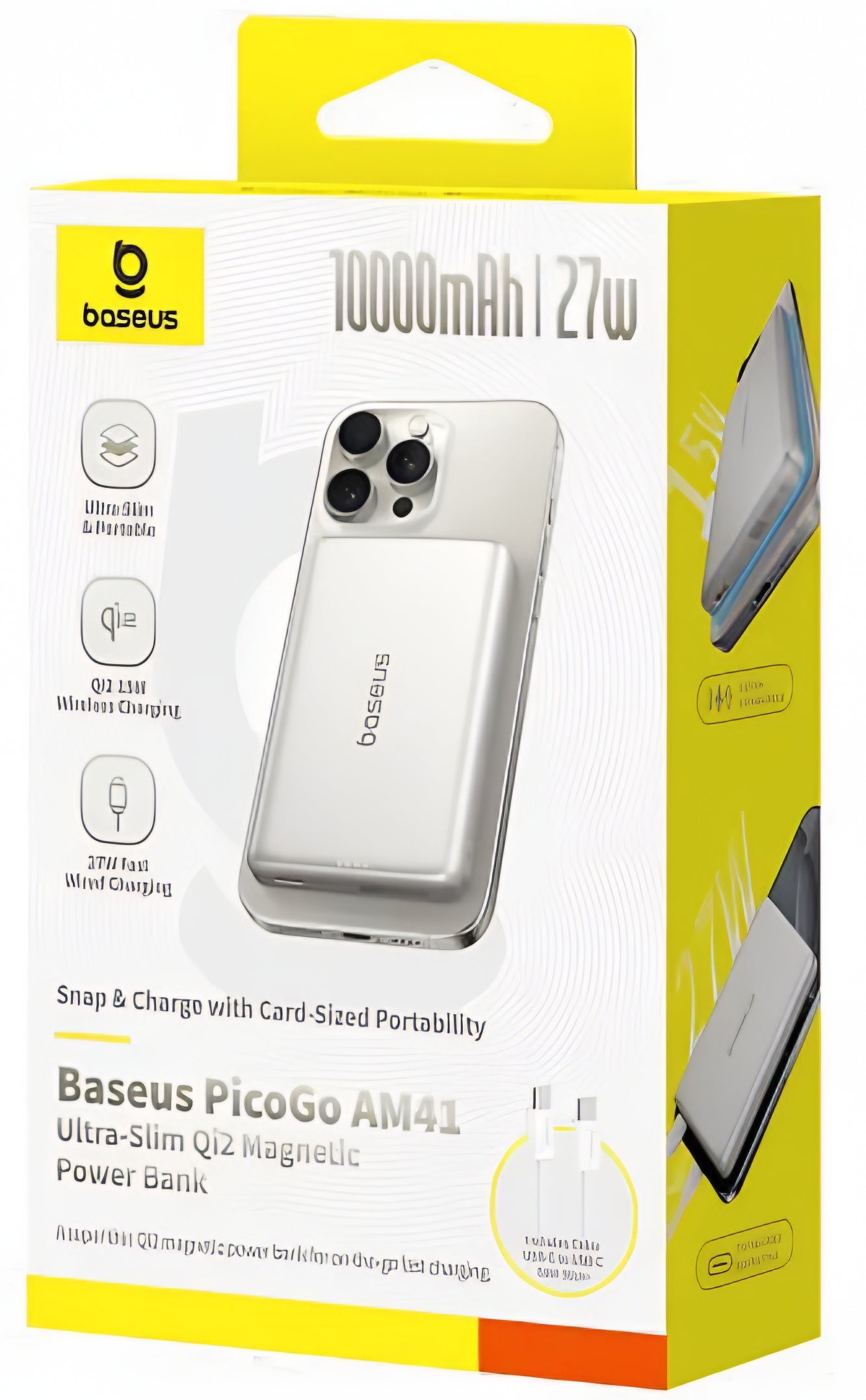 Zewnętrzna bateria bezprzewodowa Baseus PicoGo AM41, 10000mAh, 27W, PD + FQI, 1 x QI - 1 x USB-C, Beżowy E0027203