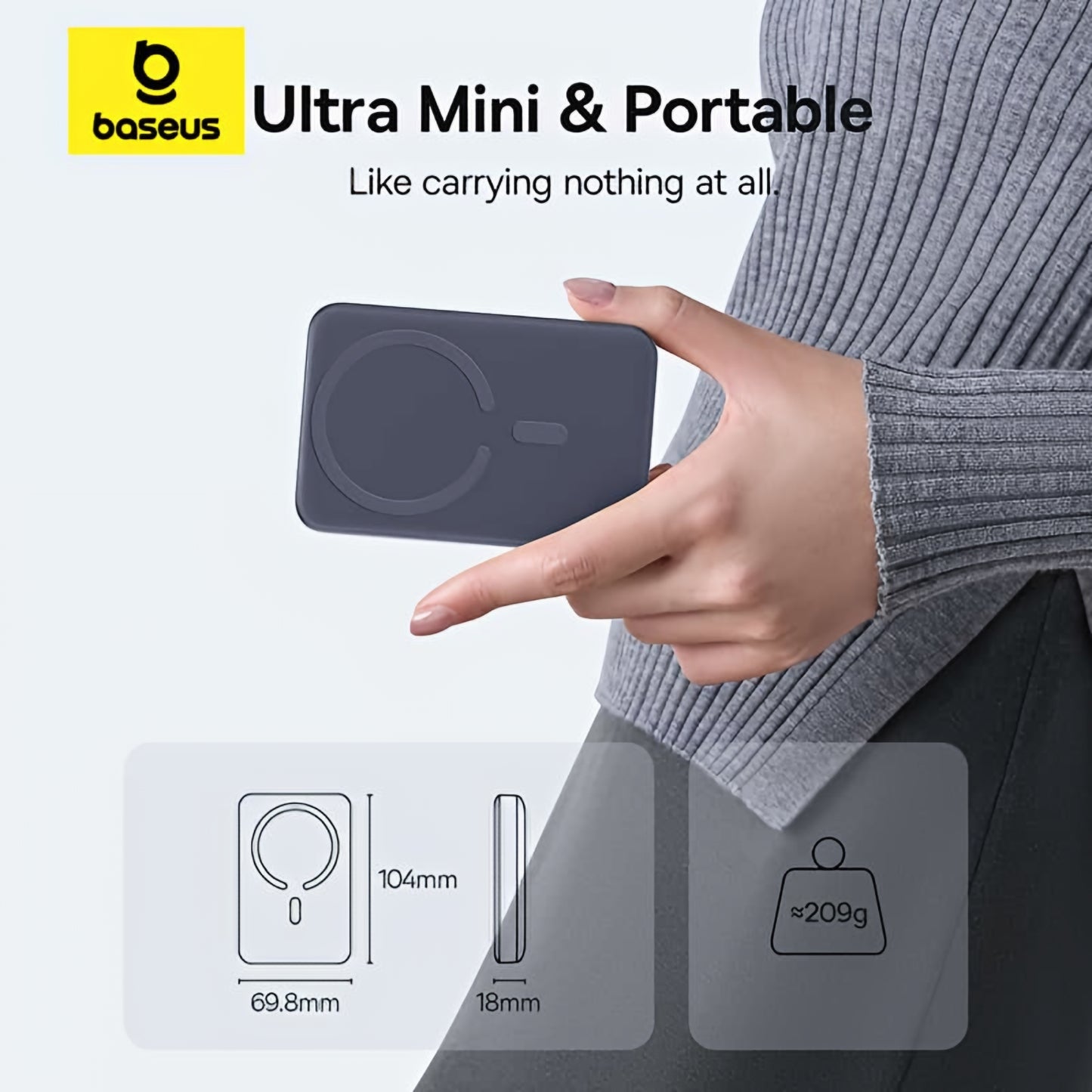 Zewnętrzna bateria bezprzewodowa Baseus EnerFill FM11 Ultra-Mini, 10000mAh, 22.5W, PD + FQI, 1 x QI - 1 x USB-C, Szara E0026602
