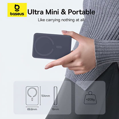 Zewnętrzna bateria bezprzewodowa Baseus EnerFill FM11 Ultra-Mini, 10000mAh, 22.5W, PD + FQI, 1 x QI - 1 x USB-C, Szara E0026602
