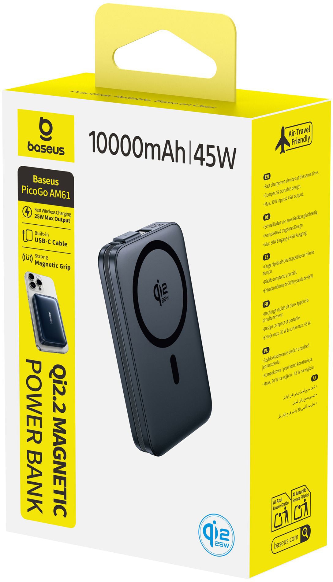 Baseus PicoGo AM61 Wireless External Battery, 10000mAh, 45W, PD + FQI, 1 x QI - 2 x USB-C, Black E0028V00