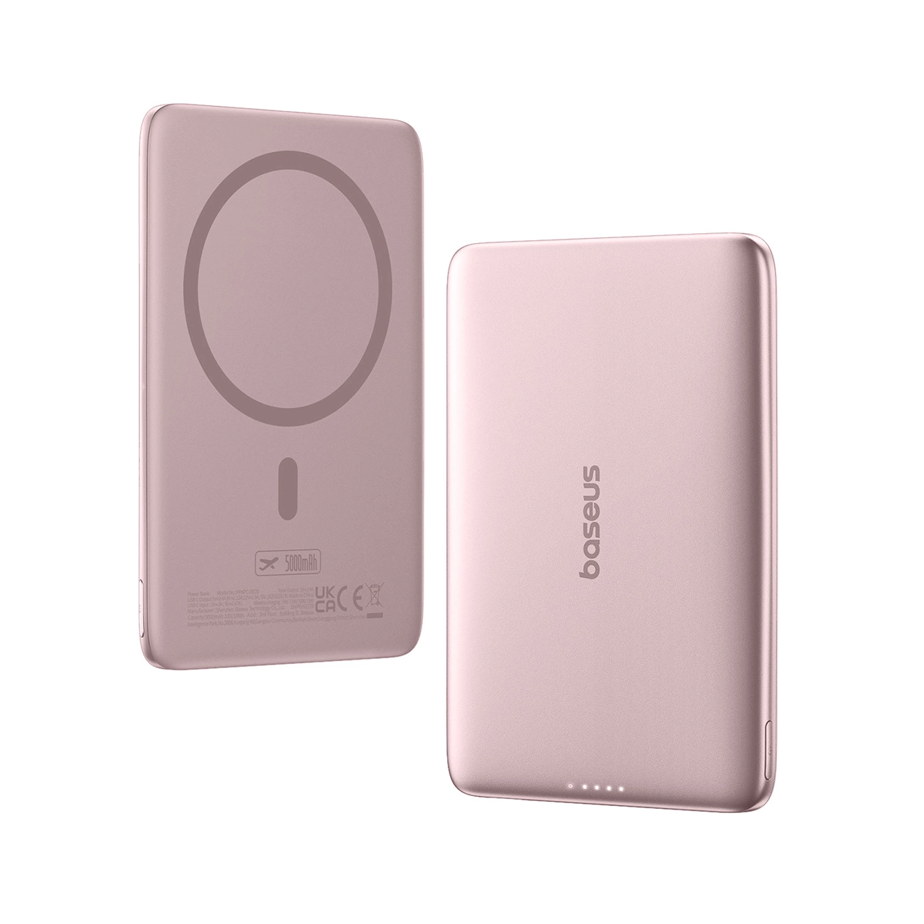 Baseus PicoGo AM41 Wireless External Battery, 5000mAh, 20W, PD + FQI, 1 x QI - 1 x USB-C, Pink