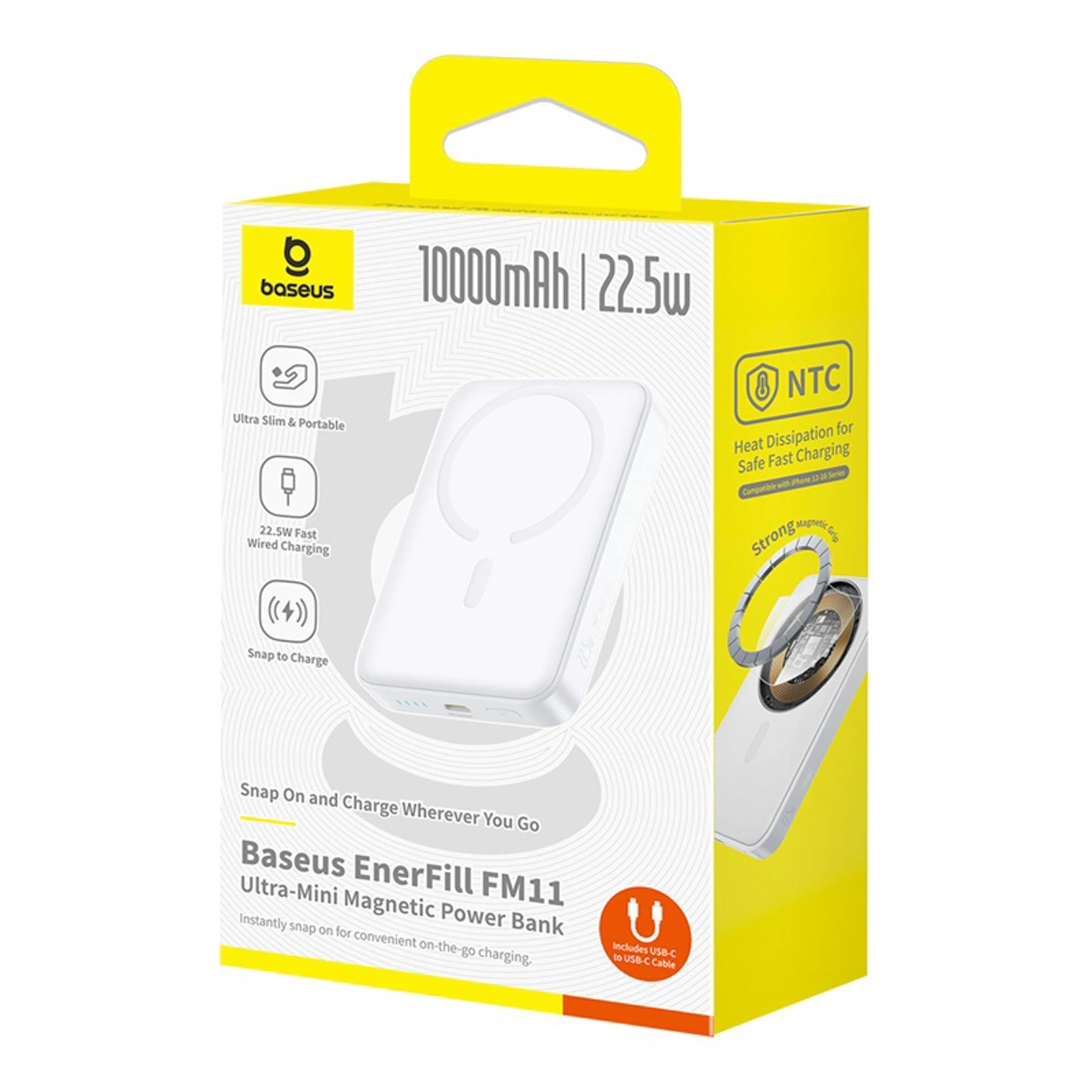 Zewnętrzna bateria bezprzewodowa Baseus EnerFill FM11 Ultra-Mini, 10000mAh, 22.5W, PD + FQI, 1 x QI - 1 x USB-C, Biała P1008210E213-00