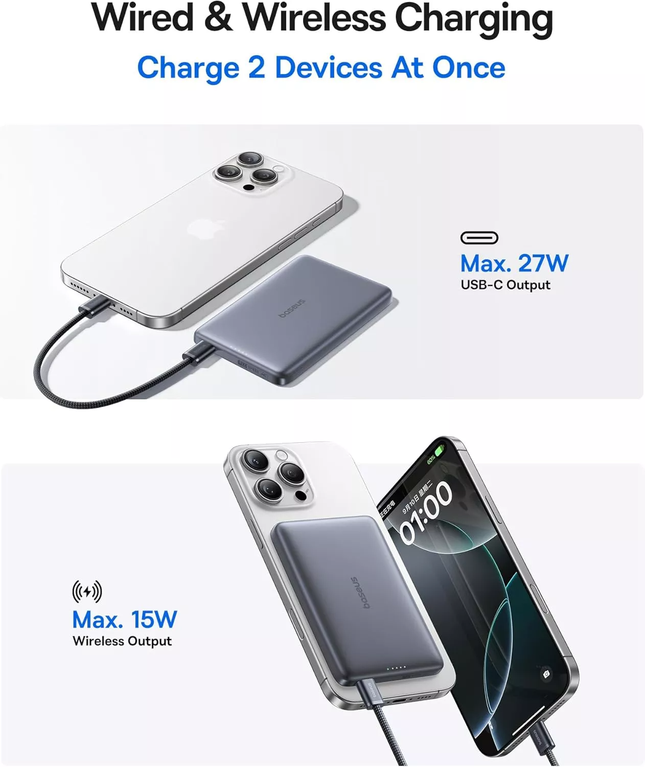 Zewnętrzna bateria bezprzewodowa Baseus PicoGo AM41, 10000mAh, 27W, PD + FQI, 1 x QI - 1 x USB-C, Szara E0027200