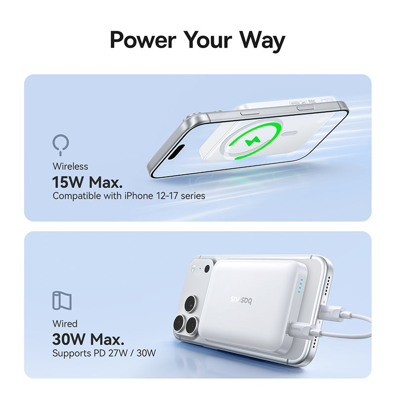 Bezprzewodowy powerbank Baseus EnerFill FM11, 10000mAh, 30W, PD + FQI, 1 x QI - 1 x USB-C, biały