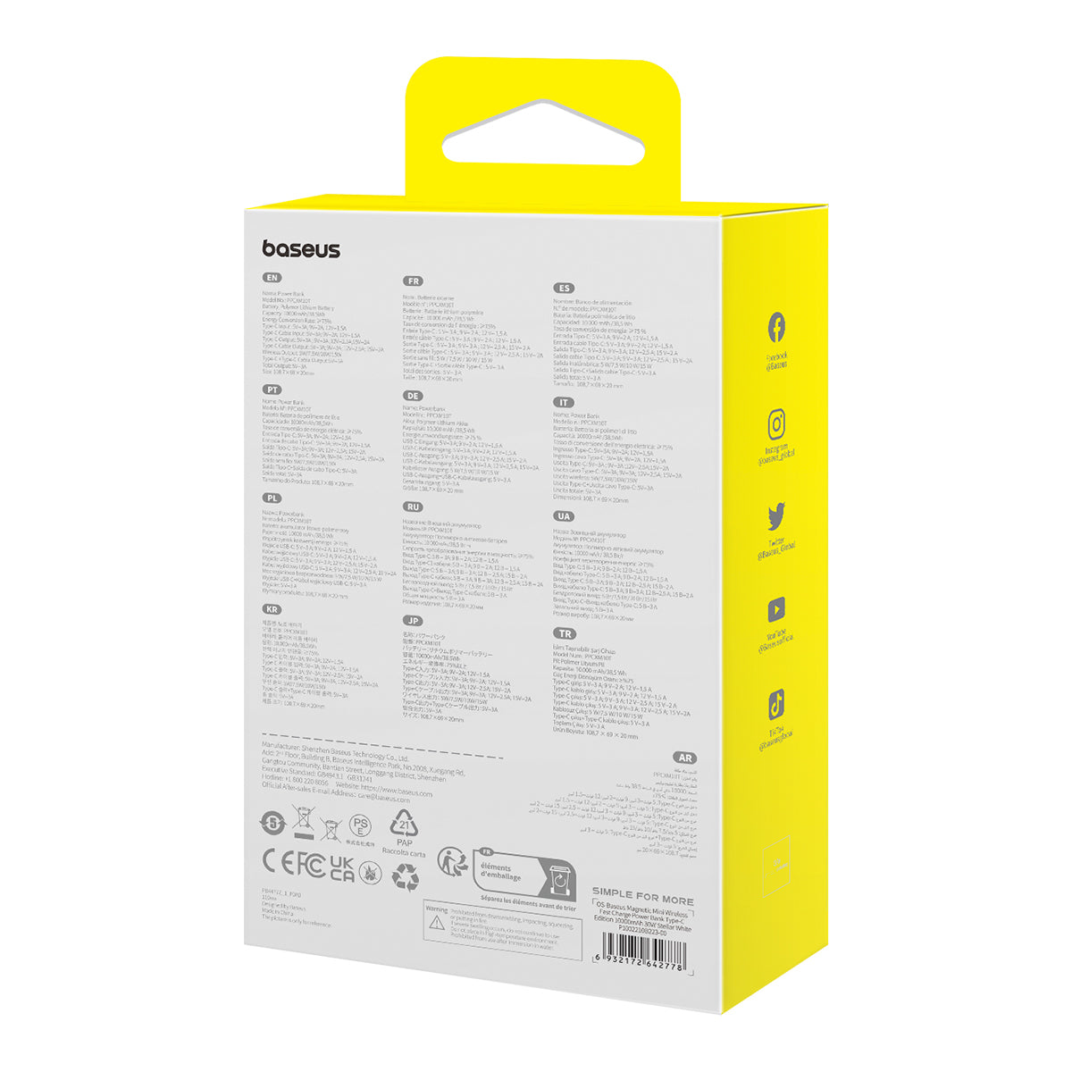 Zewnętrzna bateria bezprzewodowa Baseus Magnetic Mini, 10000mAh, 30W, PD + FQI, 1 x QI - 2 x USB-C, Biała P1002210B223-00
