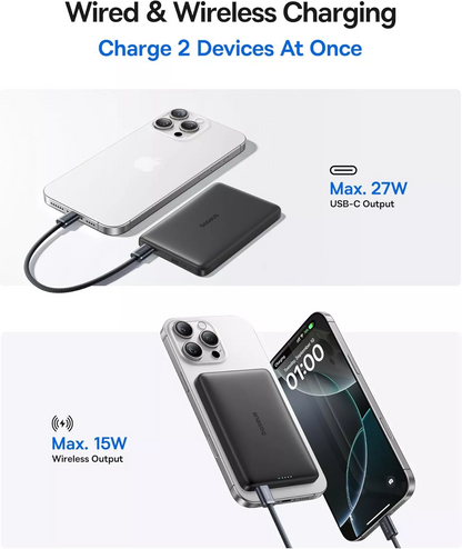 Zewnętrzna bateria bezprzewodowa Baseus PicoGo AM41, 10000mAh, 27W, PD + FQI, 1 x QI - 1 x USB-C, Czarna E0027201