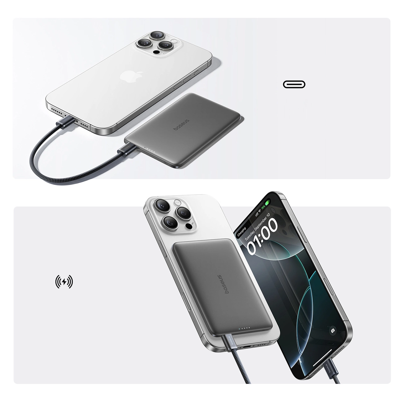 Zewnętrzna bateria bezprzewodowa Baseus PicoGo AM41, 5000mAh, 20W, PD + FQI, 1 x QI - 1 x USB-C, Czarna