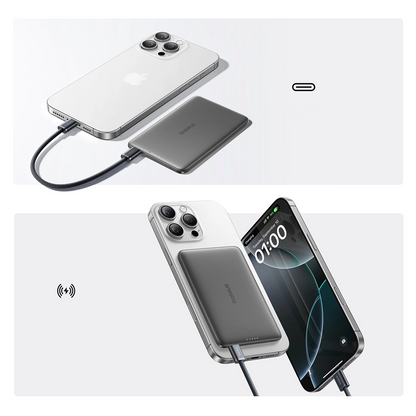 Zewnętrzna bateria bezprzewodowa Baseus PicoGo AM41, 5000mAh, 20W, PD + FQI, 1 x QI - 1 x USB-C, Czarna
