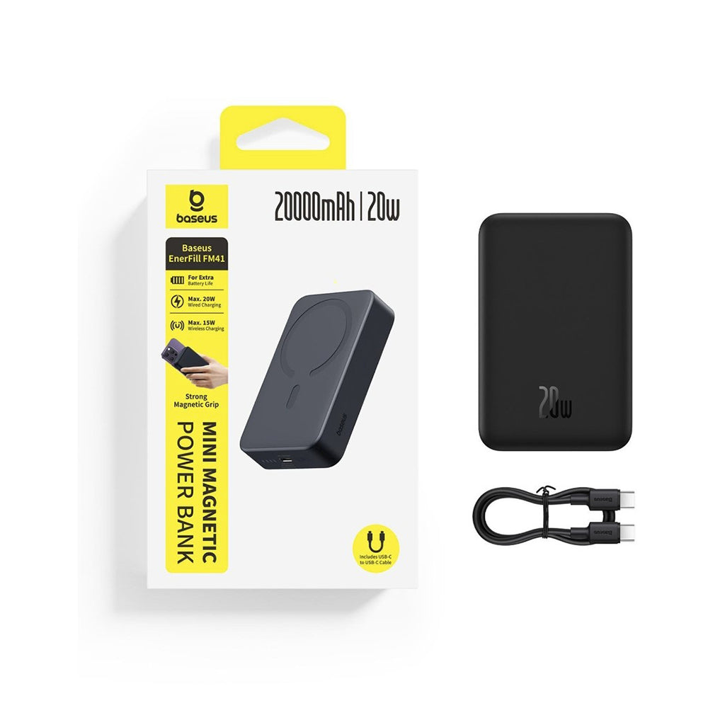 Bezprzewodowy powerbank Baseus EnerFill FM41, 20000mAh, 20W, PD - FQI, 1 x QI - 1 x USB-C, Czarny E0027U00