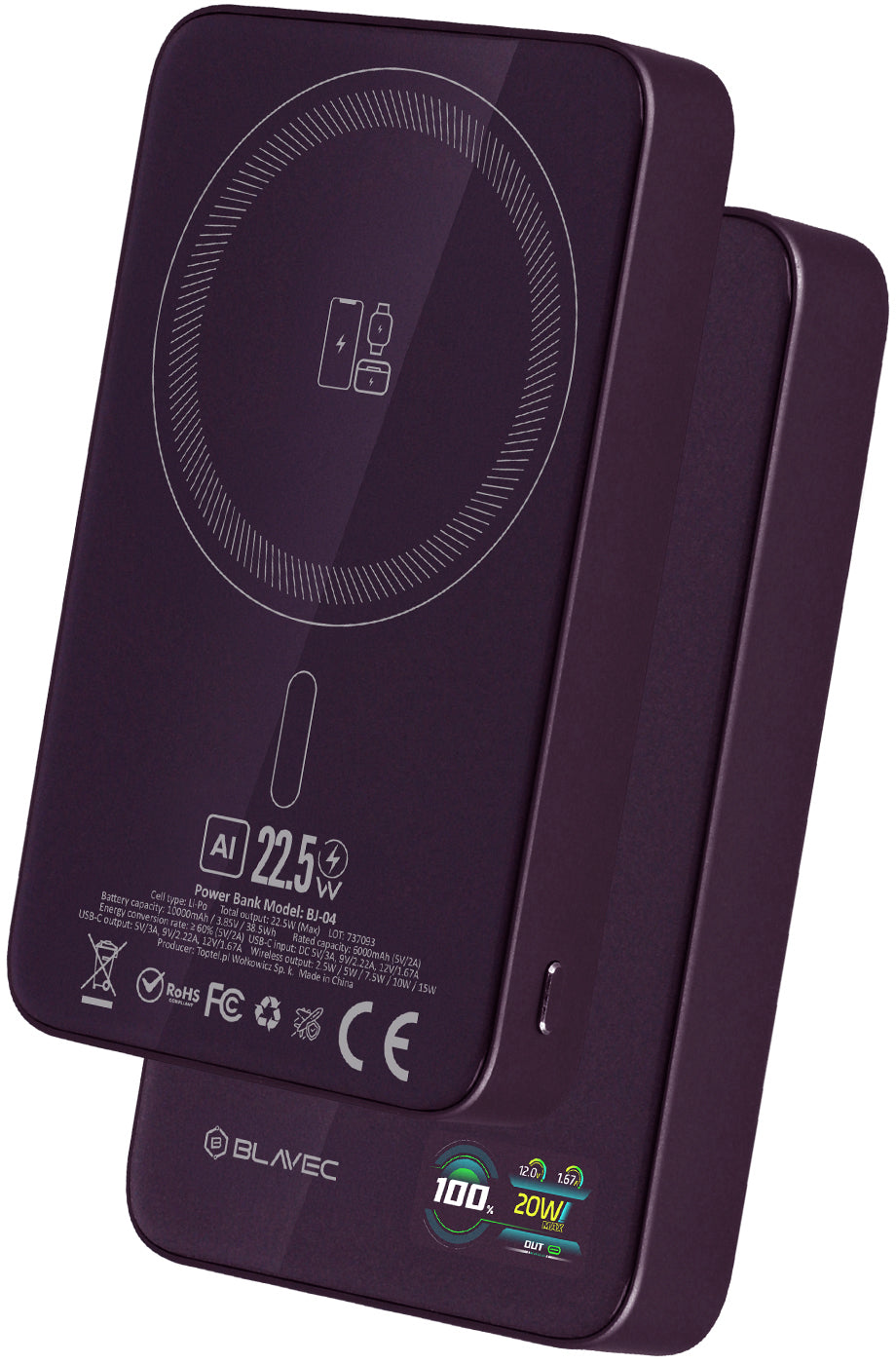 Blavec BJ-04 Slim Wireless Power Bank, 10000mAh, 22.5W, PD + FQI, 1 x QI - 1 x USB-C, Purple