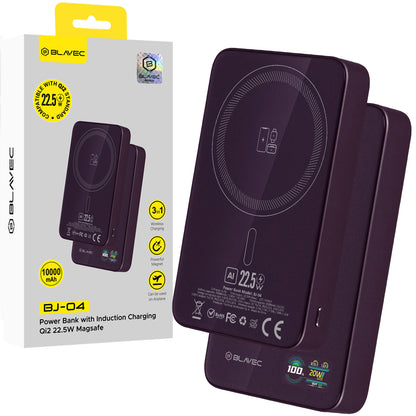 Blavec BJ-04 Slim Wireless Power Bank, 10000mAh, 22.5W, PD + FQI, 1 x QI - 1 x USB-C, Purple