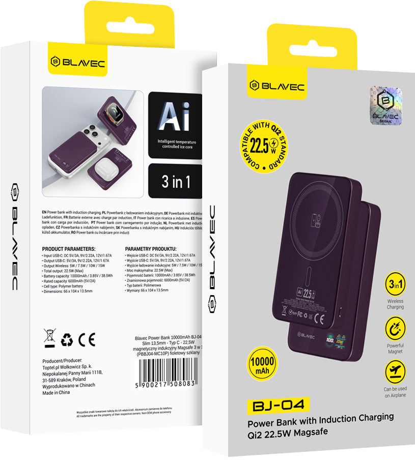 Blavec BJ-04 Slim Wireless Power Bank, 10000mAh, 22.5W, PD + FQI, 1 x QI - 1 x USB-C, Purple