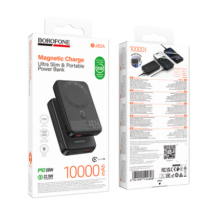 Zewnętrzna bateria bezprzewodowa Borofone BJ82A Dawn, 10000mAh, 22.5W, QC + PD + FQI, 1 x QI - 1 x USB-A - 1 x USB-C, Czarna