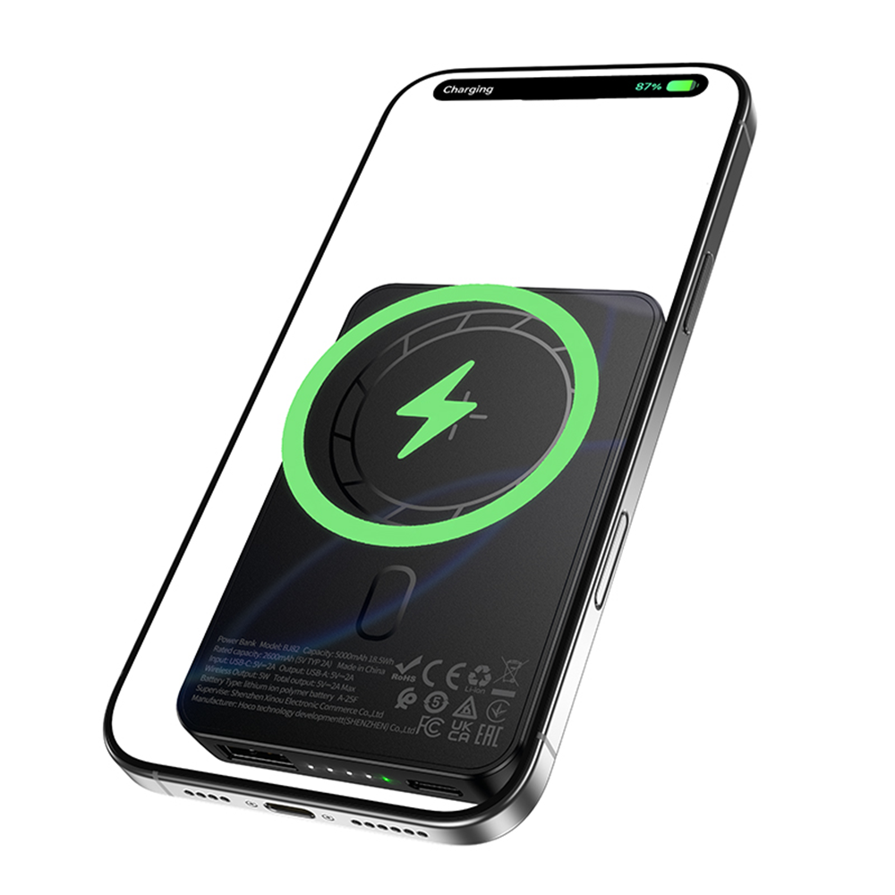 Zewnętrzna bateria bezprzewodowa Borofone BJ82 Dawn, 5000mAh, 10W, 1 x QI - 1 x USB-A, Czarna