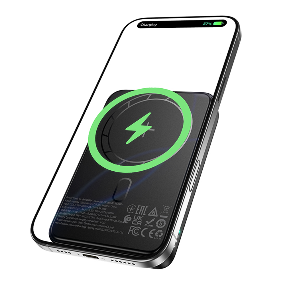 Zewnętrzna bateria bezprzewodowa Borofone BJ82A Dawn, 10000mAh, 22.5W, QC + PD + FQI, 1 x QI - 1 x USB-A - 1 x USB-C, Czarna