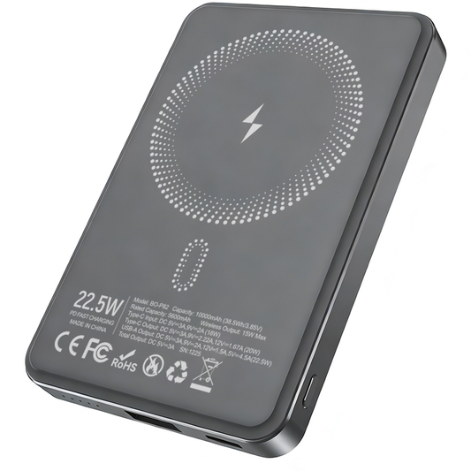 Bezprzewodowy powerbank BWOO BO-P82, 10000mAh, 22,5W, PD + FQI, 1 x QI - 1 x USB-C, Szary