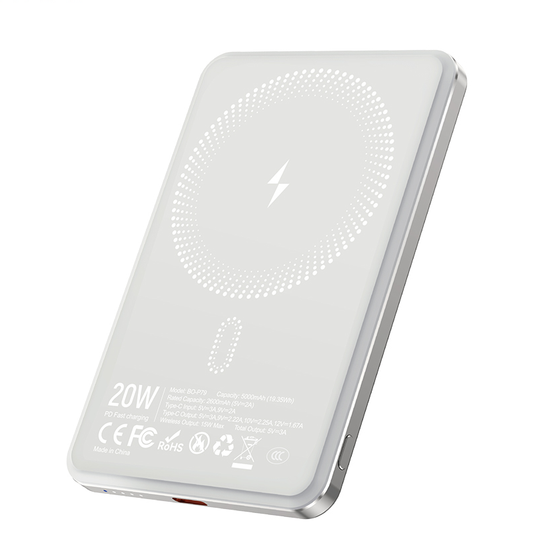 Bezprzewodowy powerbank BWOO P79, 5000mAh, 20W, PD + FQI, 1 x QI - 1 x USB-C, Szary