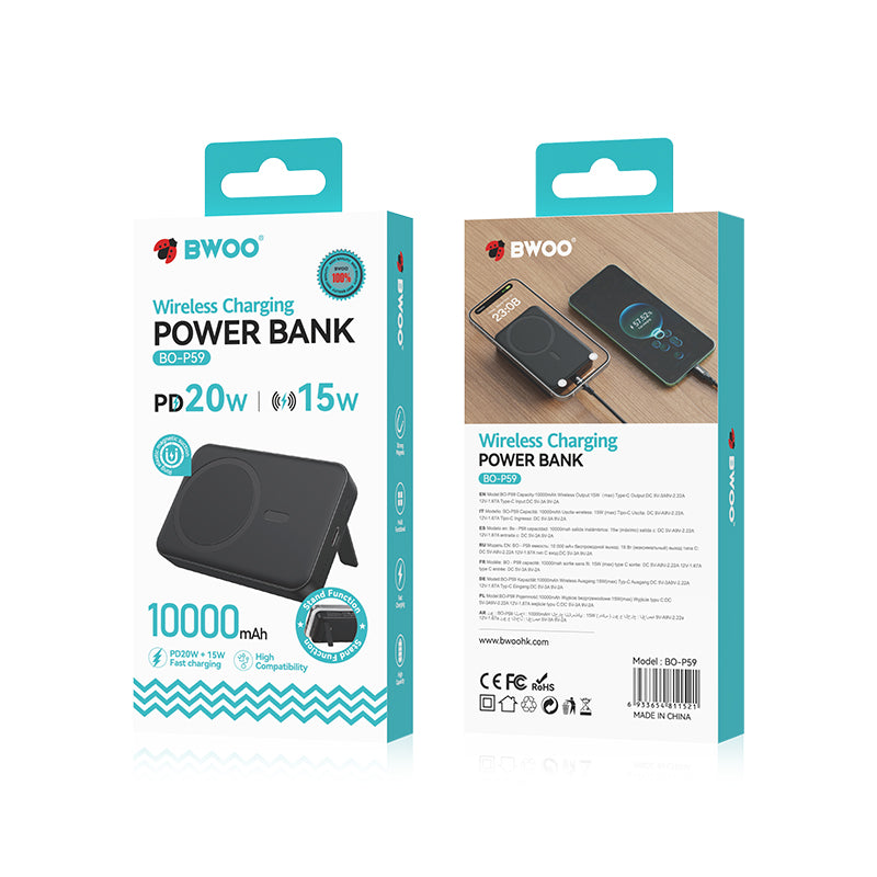Zewnętrzna bateria bezprzewodowa BWOO BO-P59, 10000mAh, 20W, PD + FQI, 1 x QI - 1 x USB-C, Czarna
