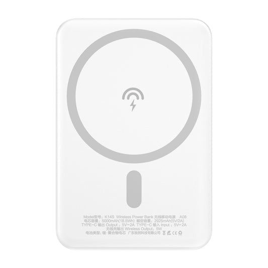 Dudao K14S Wireless External Battery, 5000mAh, 10W, PD + QI, 1 x QI - 1 x USB-C, White