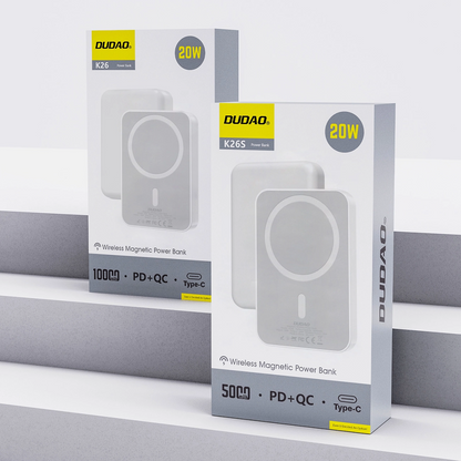 Zewnętrzna bateria bezprzewodowa Dudao K26s, 5000mAh, 20W, PD + FQI, 1 x QI - 1 x USB-C, Biała
