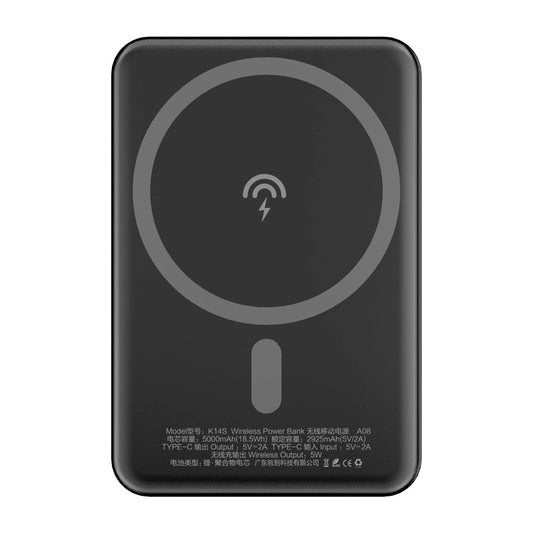 Zewnętrzna bateria bezprzewodowa Dudao K14S, 5000mAh, 10W, PD + QI, 1 x QI - 1 x USB-C, Czarna
