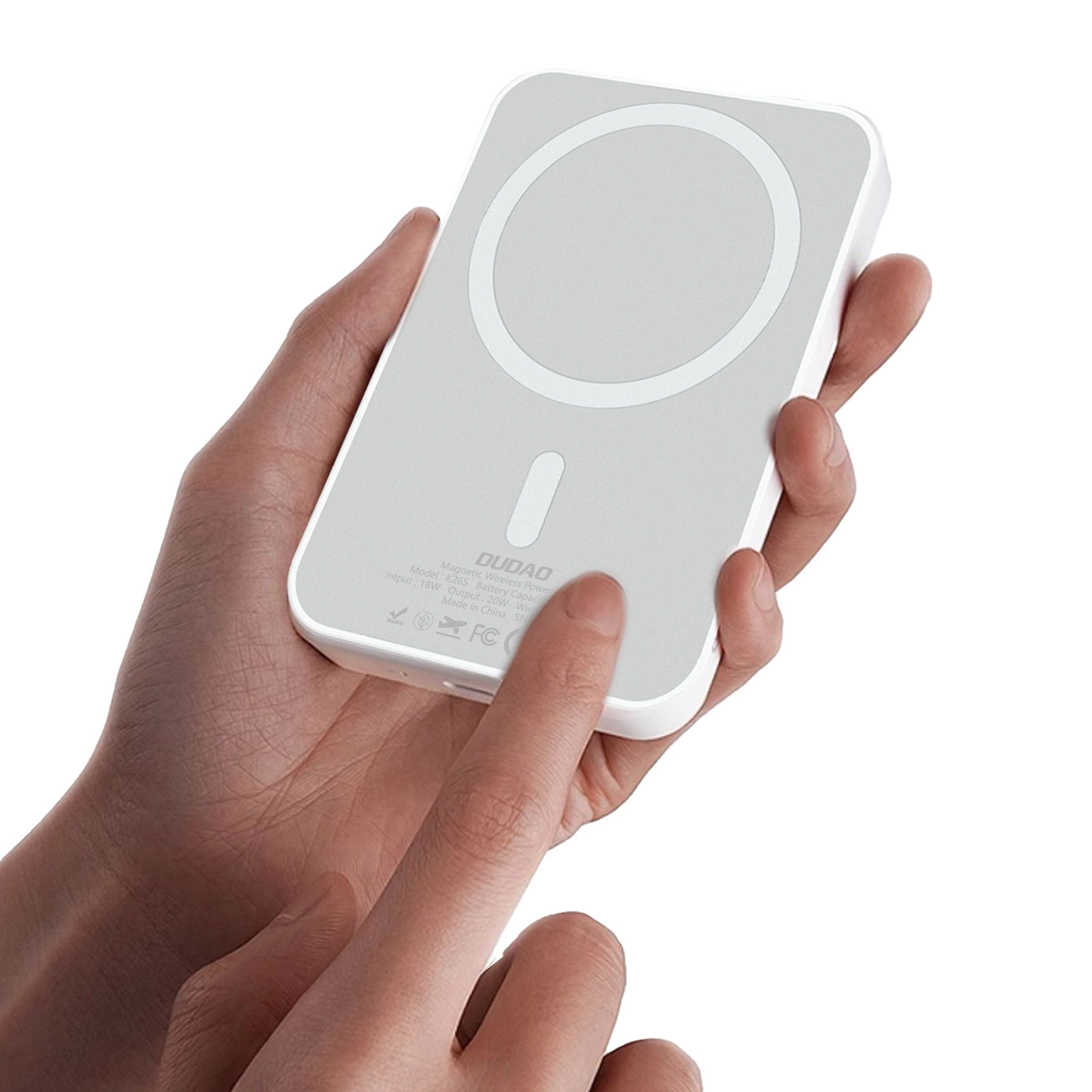 Zewnętrzna bateria bezprzewodowa Dudao K26s, 5000mAh, 20W, PD + FQI, 1 x QI - 1 x USB-C, Biała