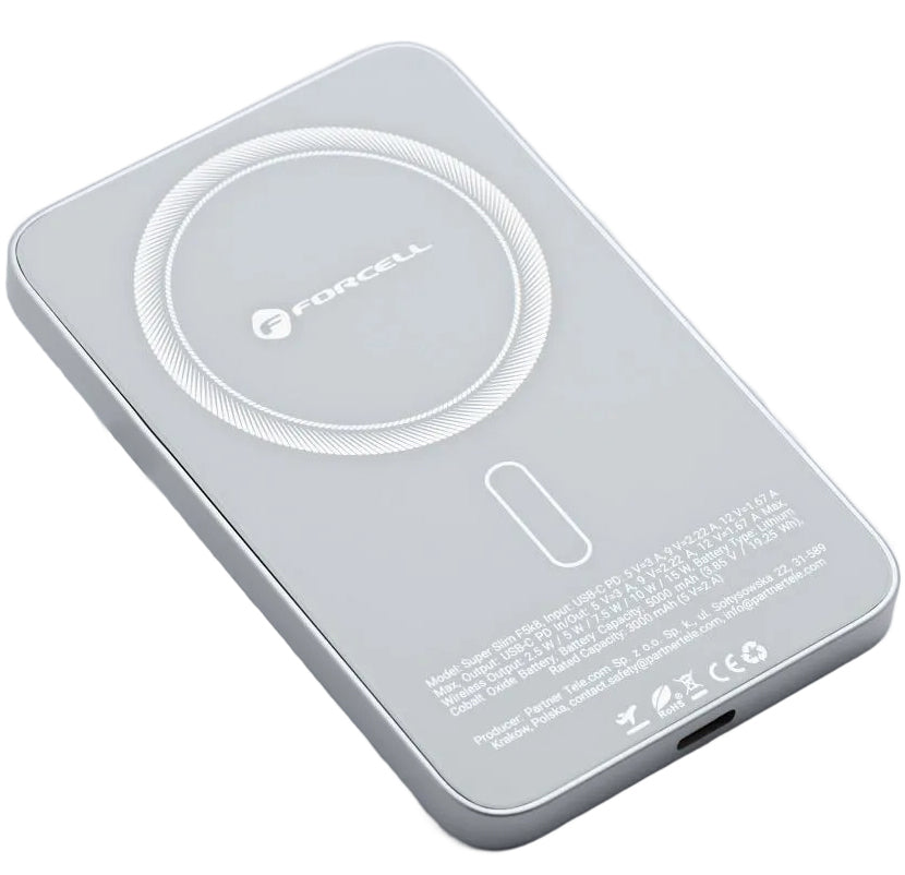 Zewnętrzna bateria bezprzewodowa Forcell F5K8, 5000mAh, 15W, PD + FQI, 1 x QI - 1 x USB-C, Biała