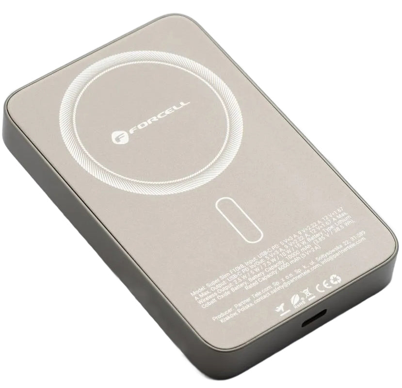 Zewnętrzna bateria bezprzewodowa Forcell F5K8, 5000mAh, 15W, PD + FQI, 1 x QI - 1 x USB-C, Złota