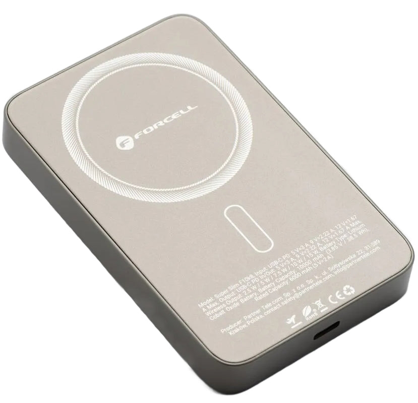 Zewnętrzna Bateria Bezprzewodowa Forcell F10K8, 10000mAh, 15W, PD + FQI, 1 x QI - 1 x USB-C, Złota