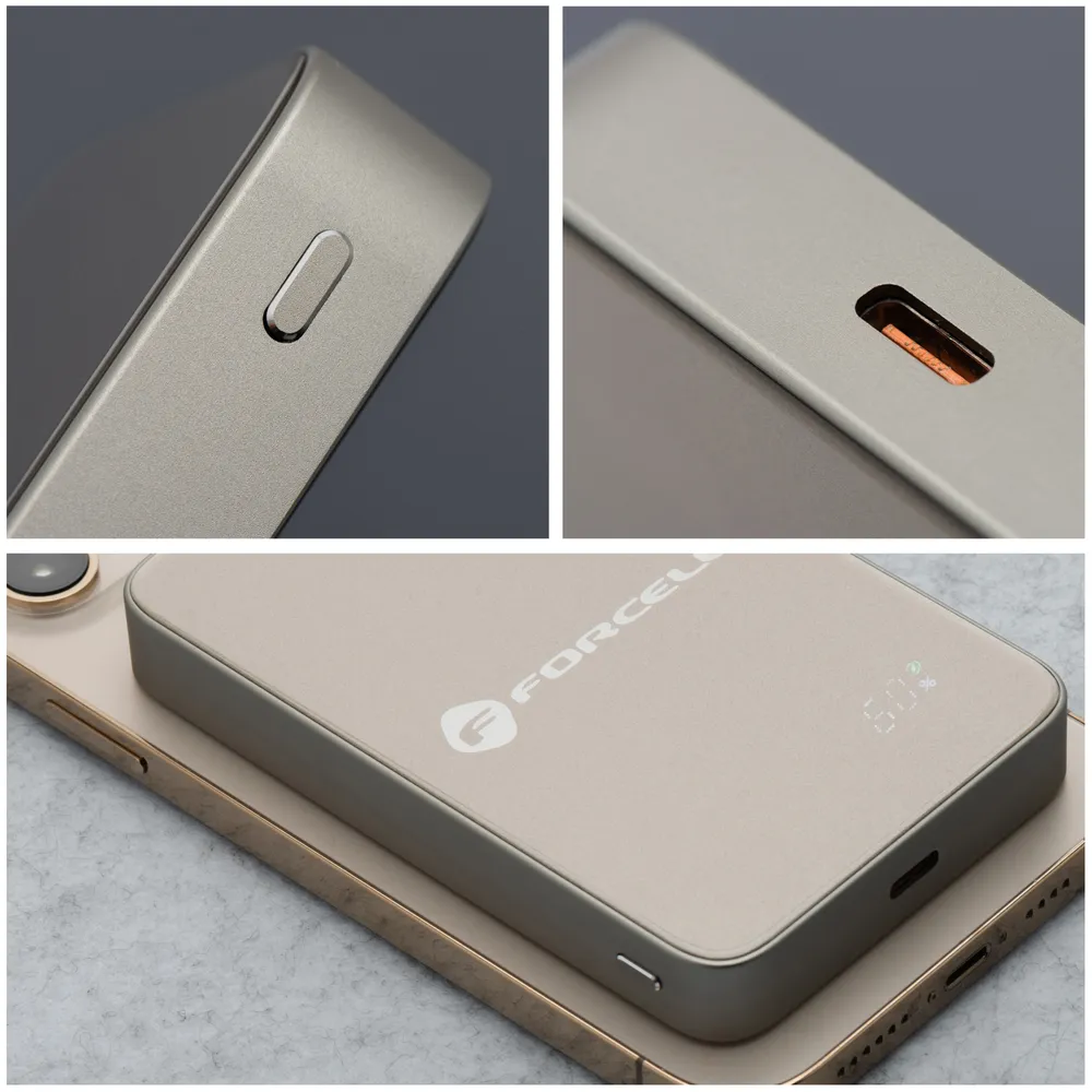 Zewnętrzna bateria bezprzewodowa Forcell F5K8, 5000mAh, 15W, PD + FQI, 1 x QI - 1 x USB-C, Złota