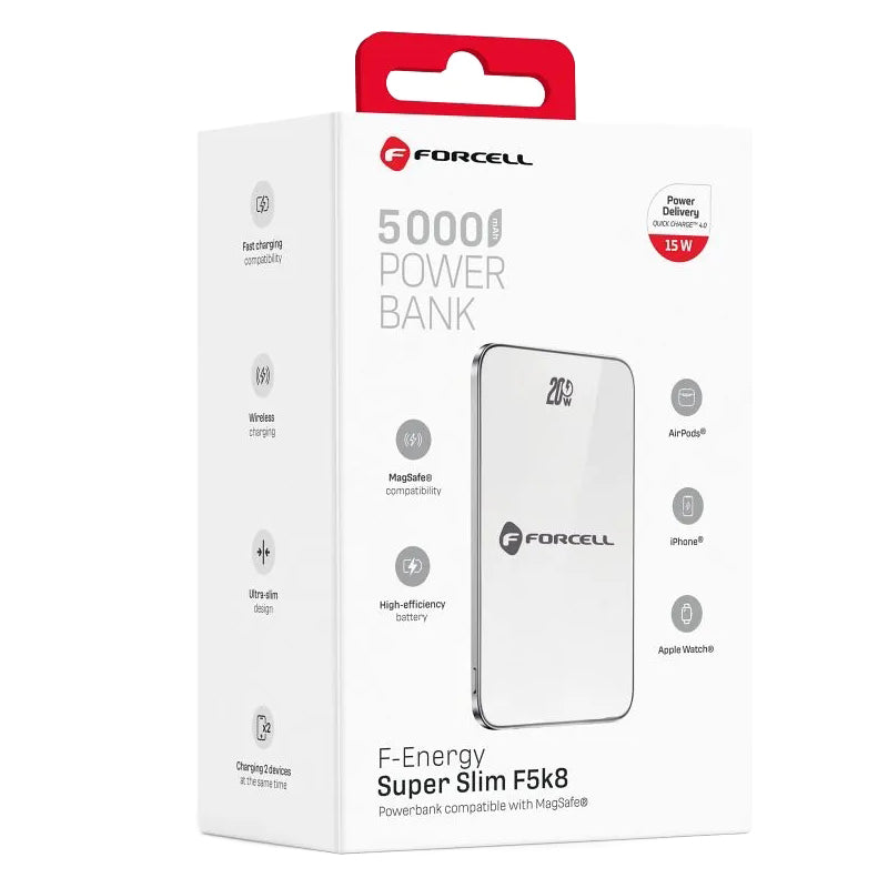 Zewnętrzna bateria bezprzewodowa Forcell F5K8, 5000mAh, 15W, PD + FQI, 1 x QI - 1 x USB-C, Biała