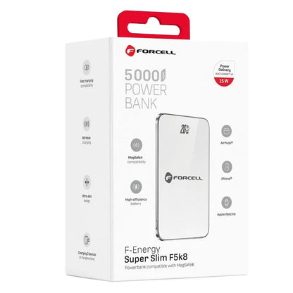 Zewnętrzna bateria bezprzewodowa Forcell F5K8, 5000mAh, 15W, PD + FQI, 1 x QI - 1 x USB-C, Biała