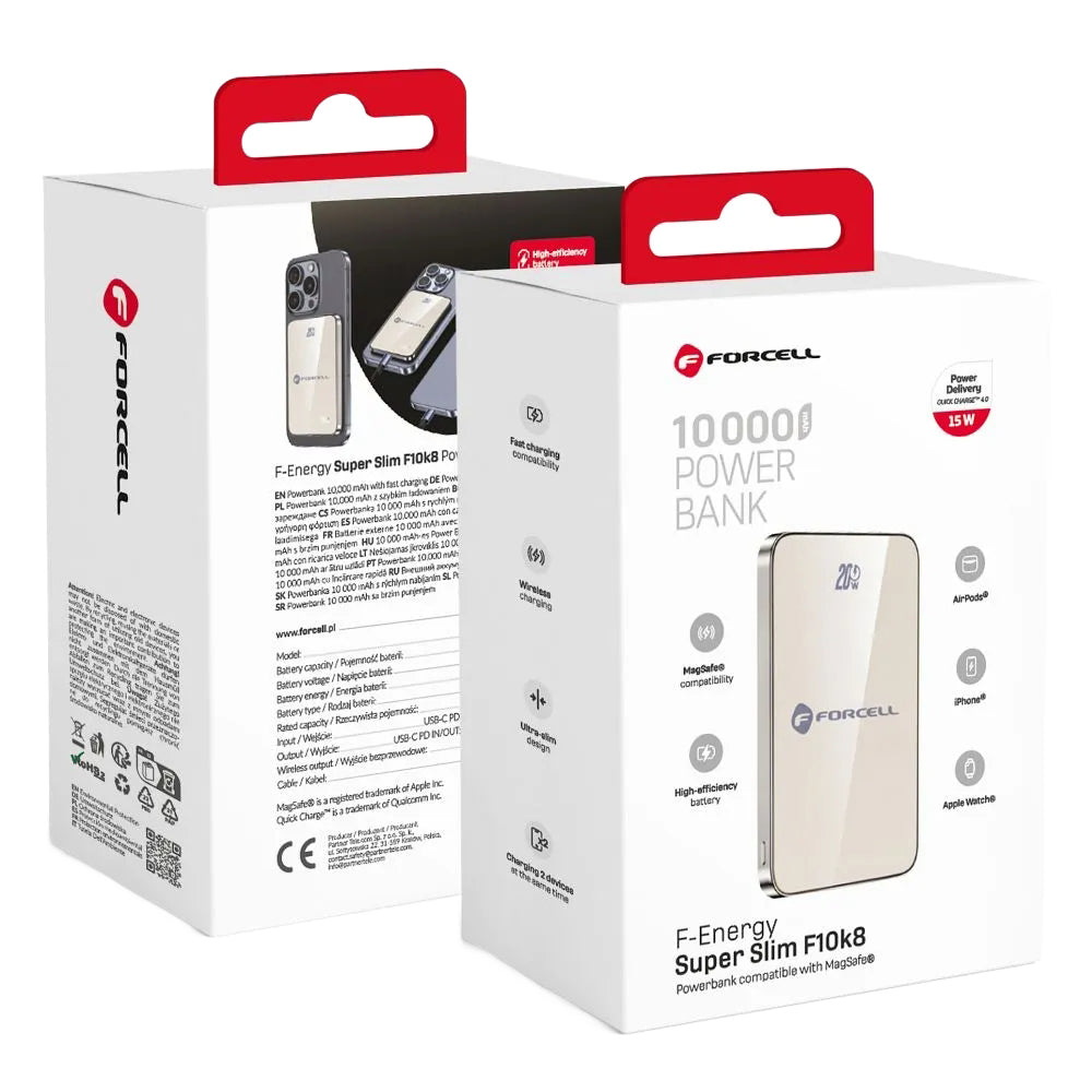Zewnętrzna Bateria Bezprzewodowa Forcell F10K8, 10000mAh, 15W, PD + FQI, 1 x QI - 1 x USB-C, Złota