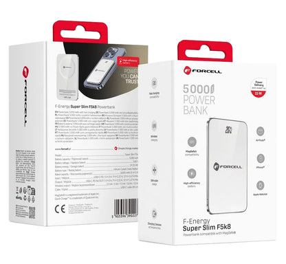 Zewnętrzna bateria bezprzewodowa Forcell F5K8, 5000mAh, 15W, PD + FQI, 1 x QI - 1 x USB-C, Biała